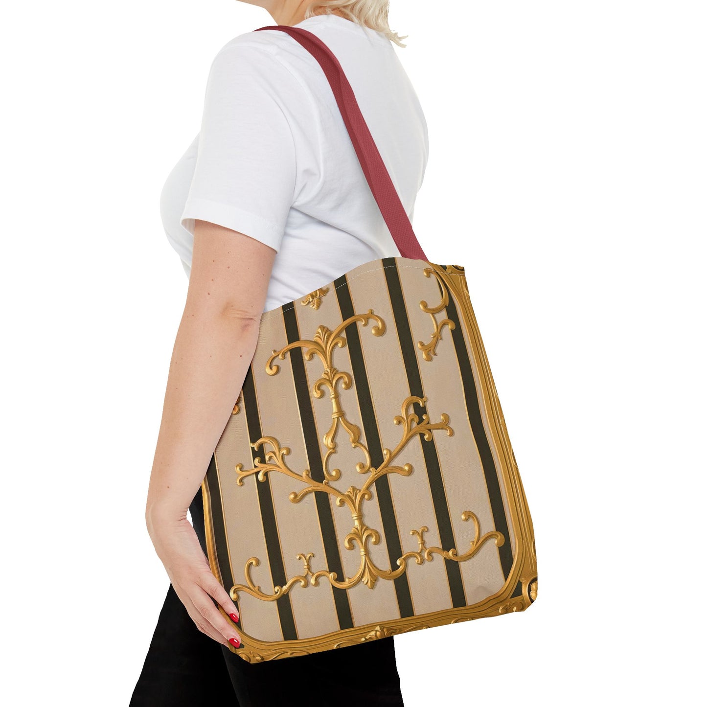 Elegant Gold Pattern Tote Bag - Stylish Carryall for Everyday Use, Eco-Friendly Shopping, Gift for Her - Beige Striped Gold Rococo