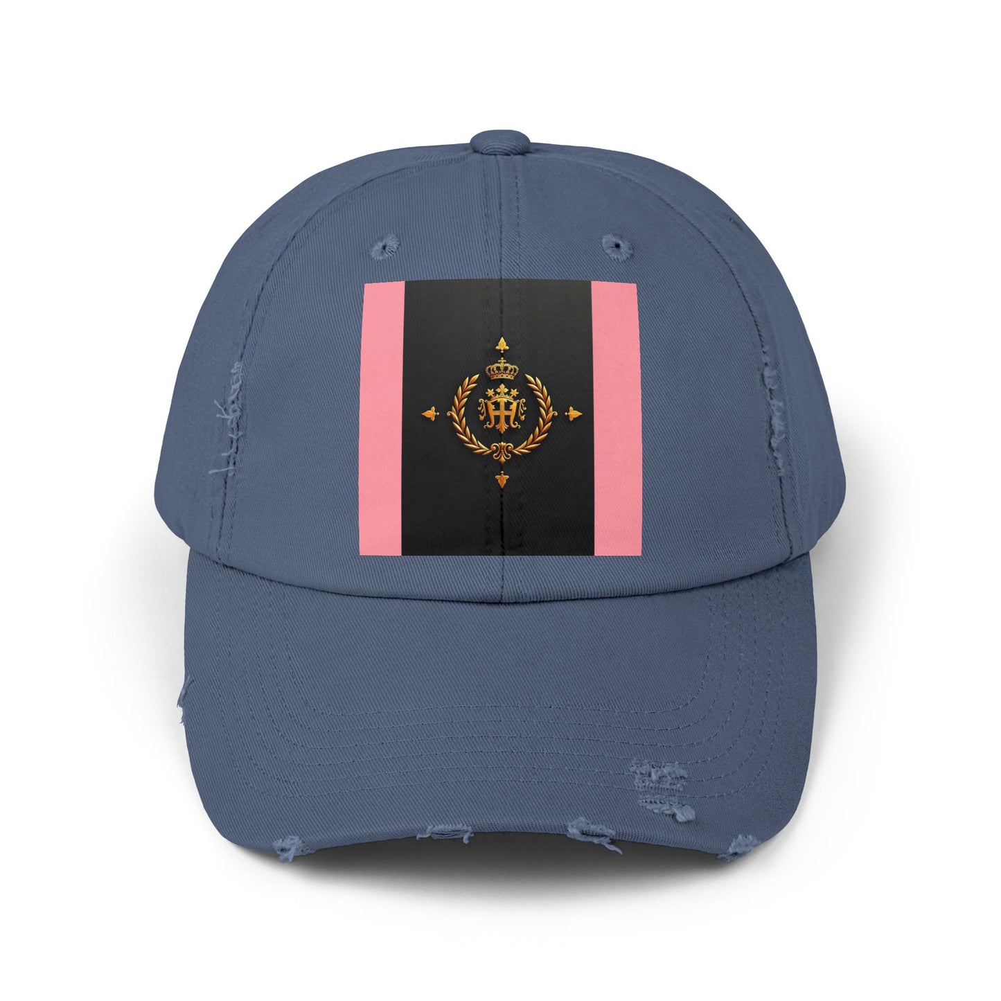 Stylish Unisex Distressed Cap with Trendy Design, Casual Accessories for Everyday Wear, Fashion Statement Cap - Pink Striped Gold Crest