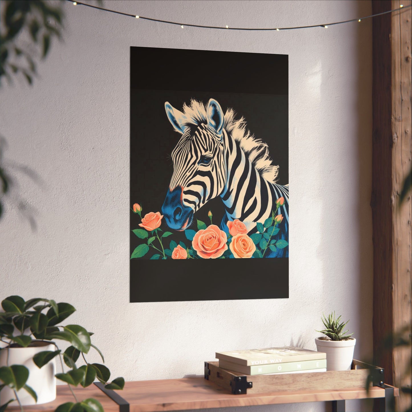 Floral Art Poster - Elegant Matte Vertical Wall Decor - Blue Zebra & Roses