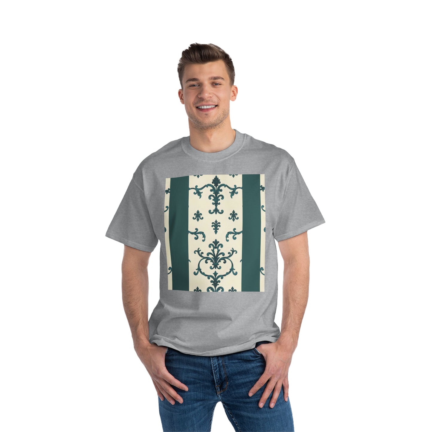 Vintage-Inspired Short-Sleeve T-Shirt, Casual Wear, Graphic Tee, Summer Outfit, Gift for Friends, Retro Design - Teal Striped Rococo