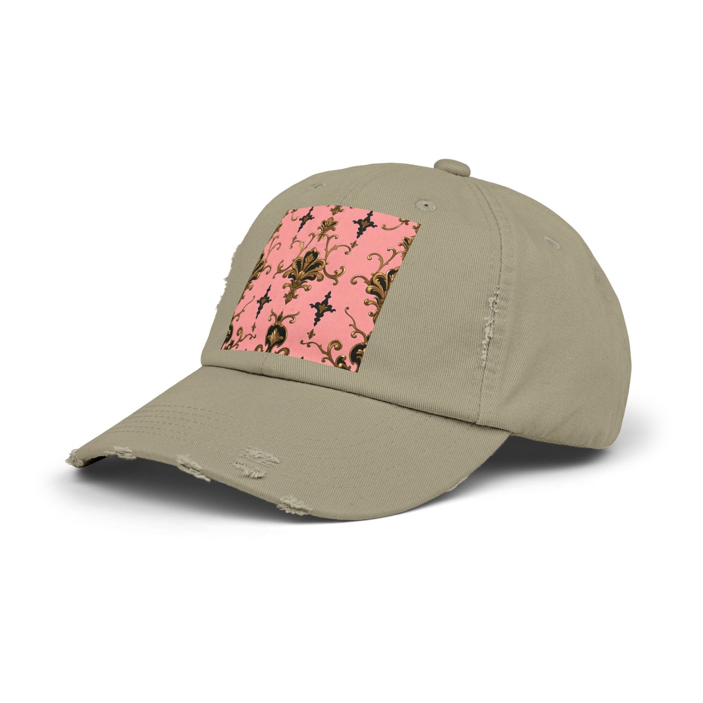 Chic Distressed Cap, Fashionable Baseball Hat, Casual Summer Headwear - Pink, Black & Gold Rococo