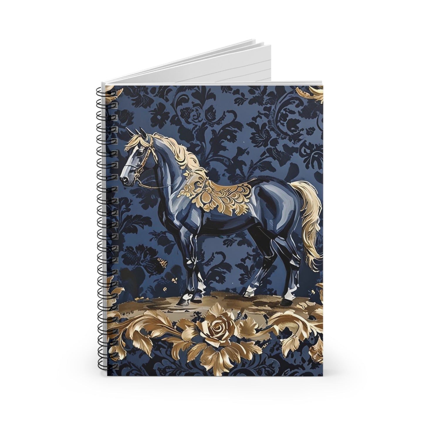 Elegant Vintage Spiral Notebook - Ruled Line with Gold Damask & Midnight Blue Horse