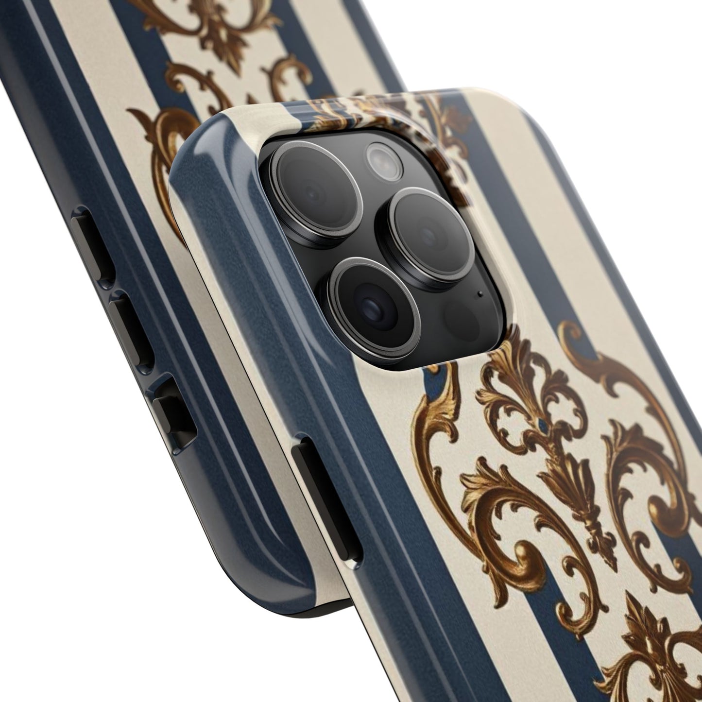 Damask Tough Phone Case - Alabaster & Blue Striped Damask