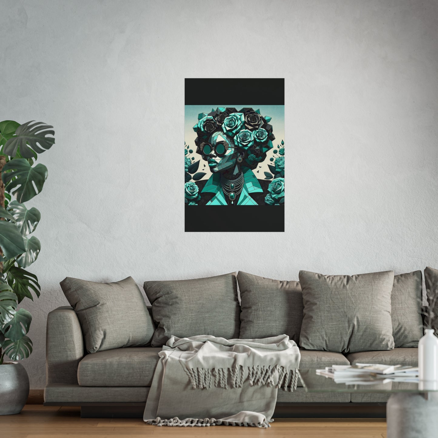 Chic Floral Fine Art Poster | Modern Wall Decor, Home Aesthetic, Gift for Art Lovers, Unique Room Makeover - Turquoise & Black Roses Lady