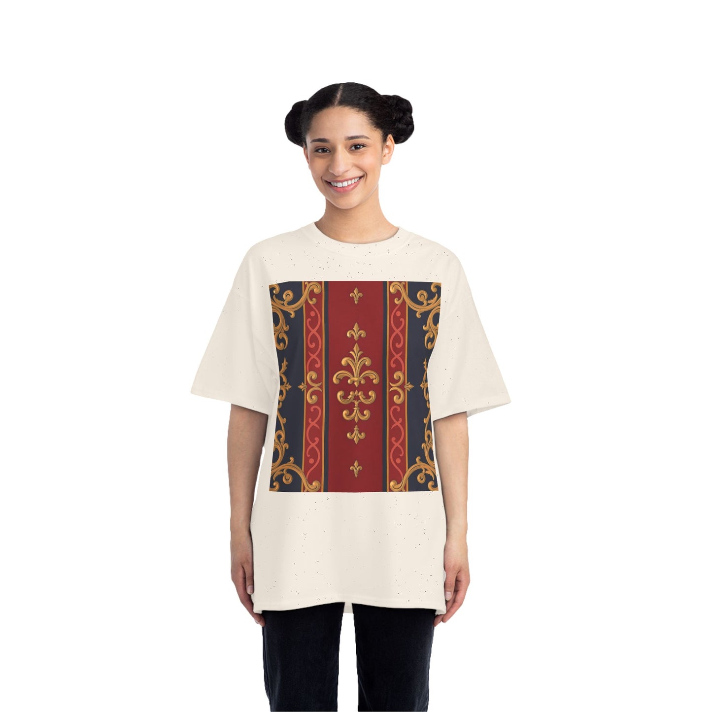 Elegant Patterned Short-Sleeve T-Shirt, Stylish Tee, Vintage Design Top, Casual Wear, Fashionable Gift - Midnight Blue & Dusk Red Gold Baroque