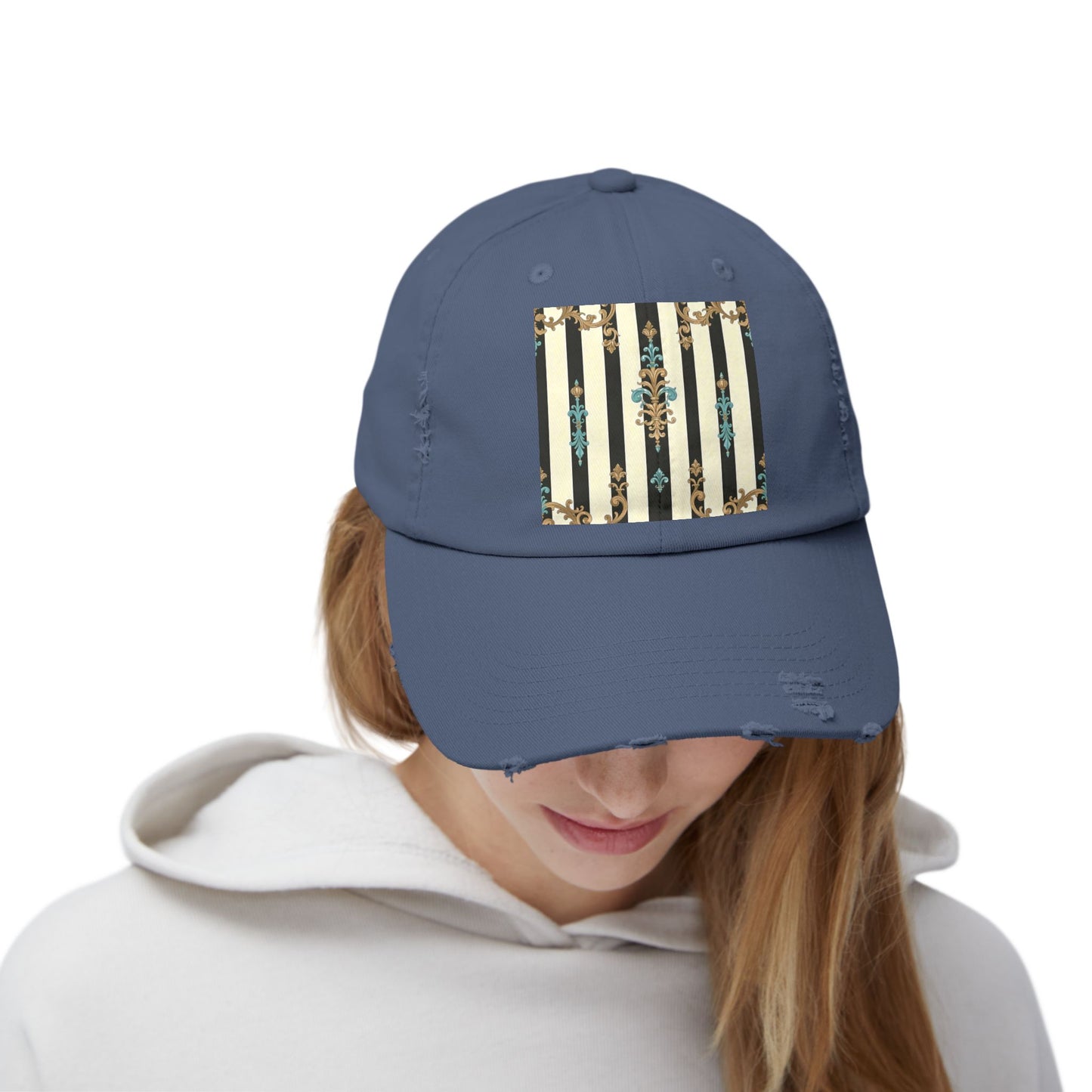 Trendy Distressed Cap for Fashion Lovers, Casual Cap, Gift for Him, Gift for Her - Black Striped Turquoise & Black Rococo