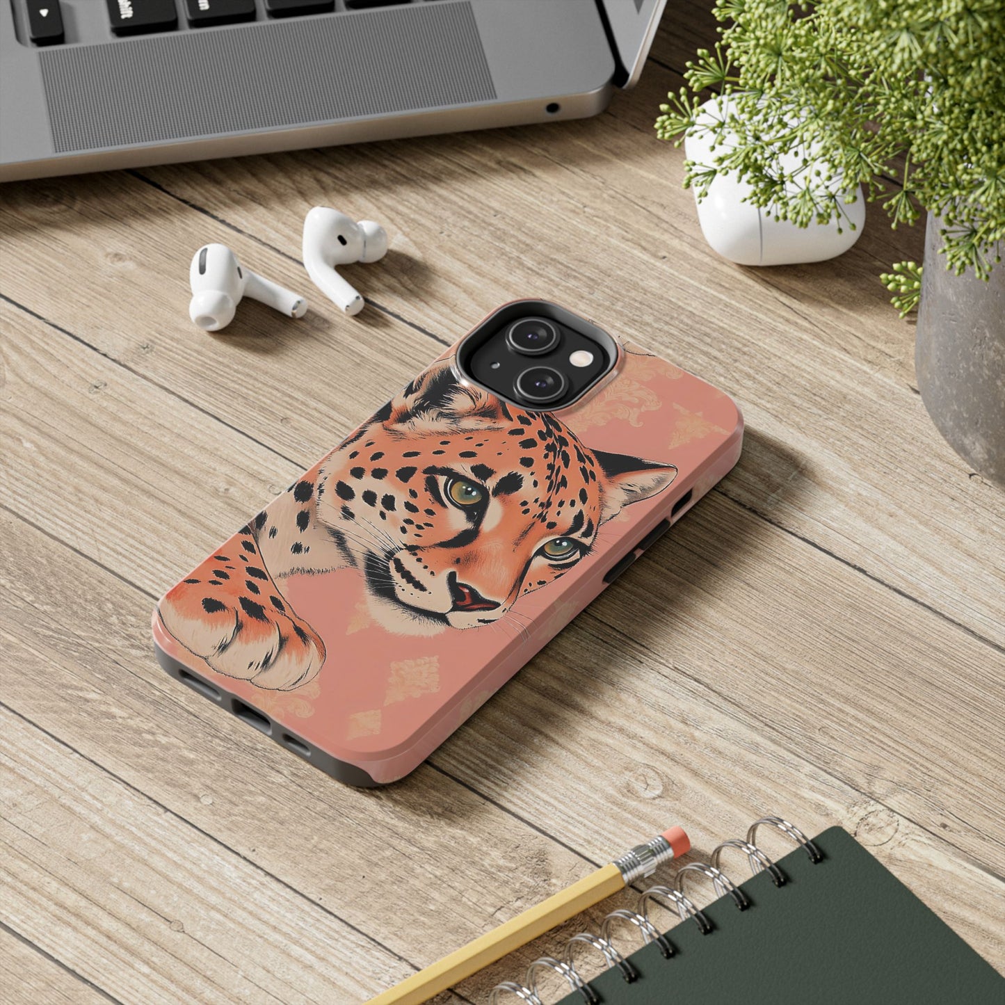 Leopard Tough Phone Case - Trendy Floral Motif Design for Animal Lovers - Peach Leopard & Damask