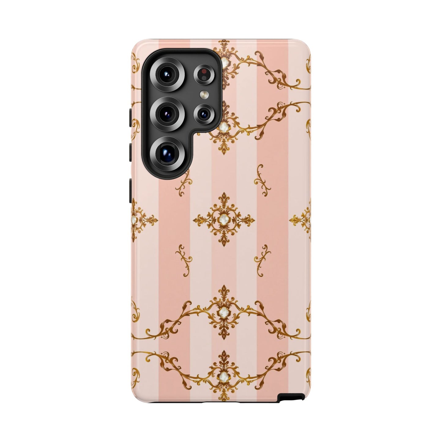 Elegant Floral Phone Case, Tough Cases for Women, Trendy Phone Cover, Chic Gift - Pink Jeweled Striped Gold Baroque