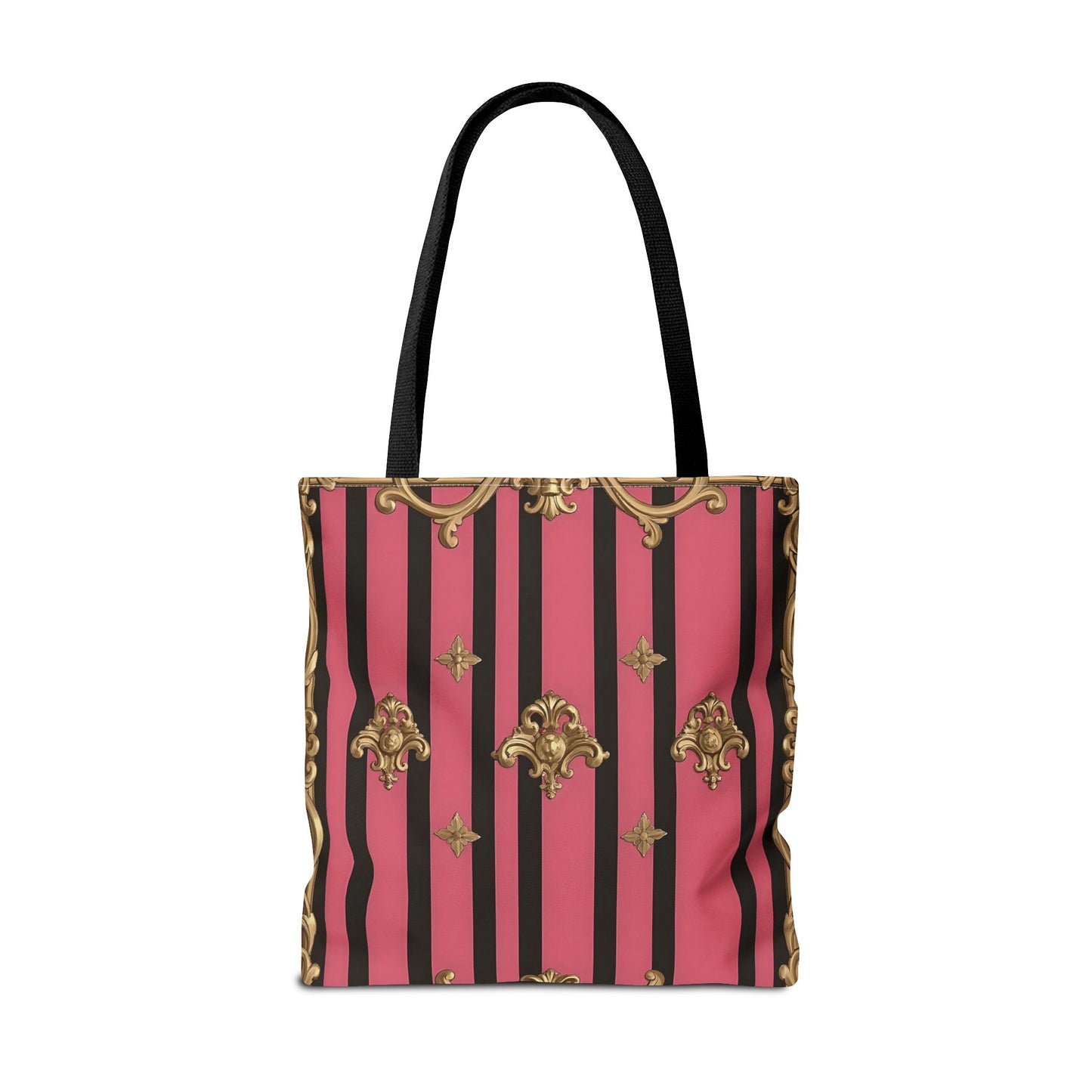 Chic Floral Tote Bag - Elegant Reusable Shopping Bag, Fashion Accessory, Gift for Her, Everyday Use, Eco-Friendly - Pink Striped Gold Rococo