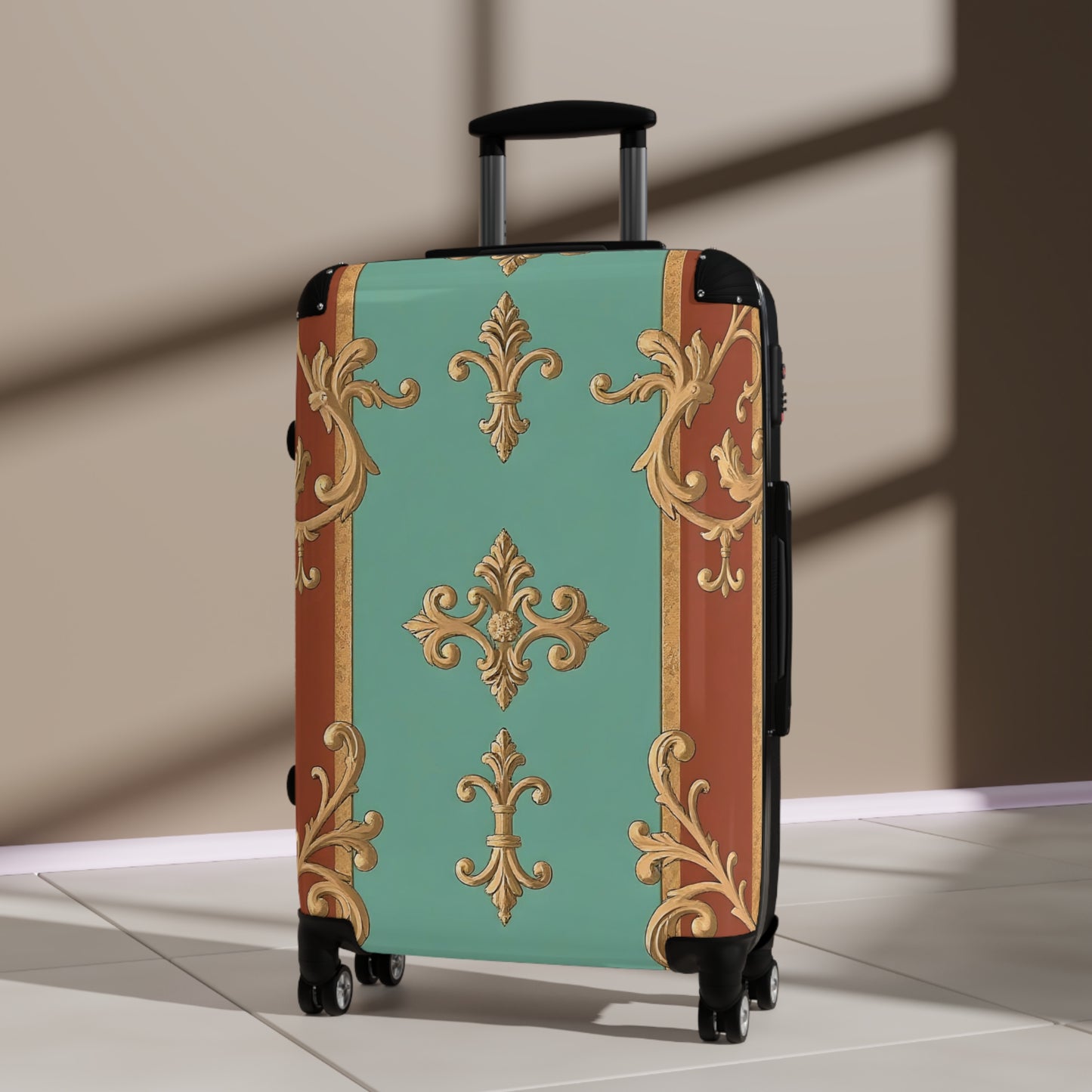 Elegant Travel Suitcase with Vintage Design - Rust & Mint Aqua Striped Baroque