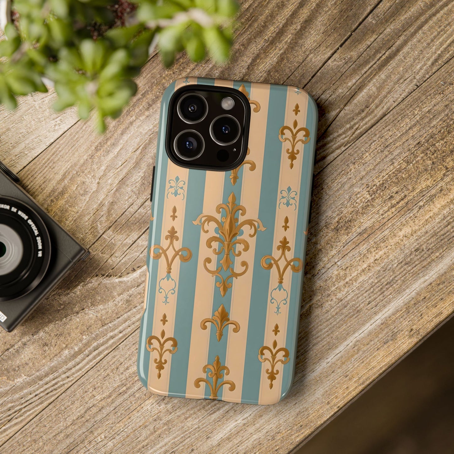 Elegant Floral Motif Phone Case - Tough Cases with Vintage Design -  Beige & Sky Blue Striped Gold Damask