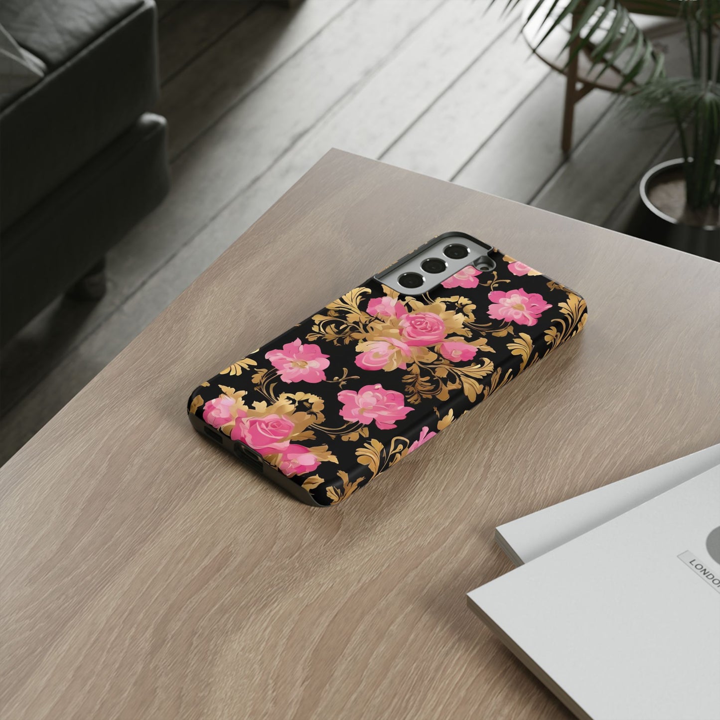 Elegant Floral Motif Phone Case - Tough Cases with Vintage Design - Pink & Gold Roses