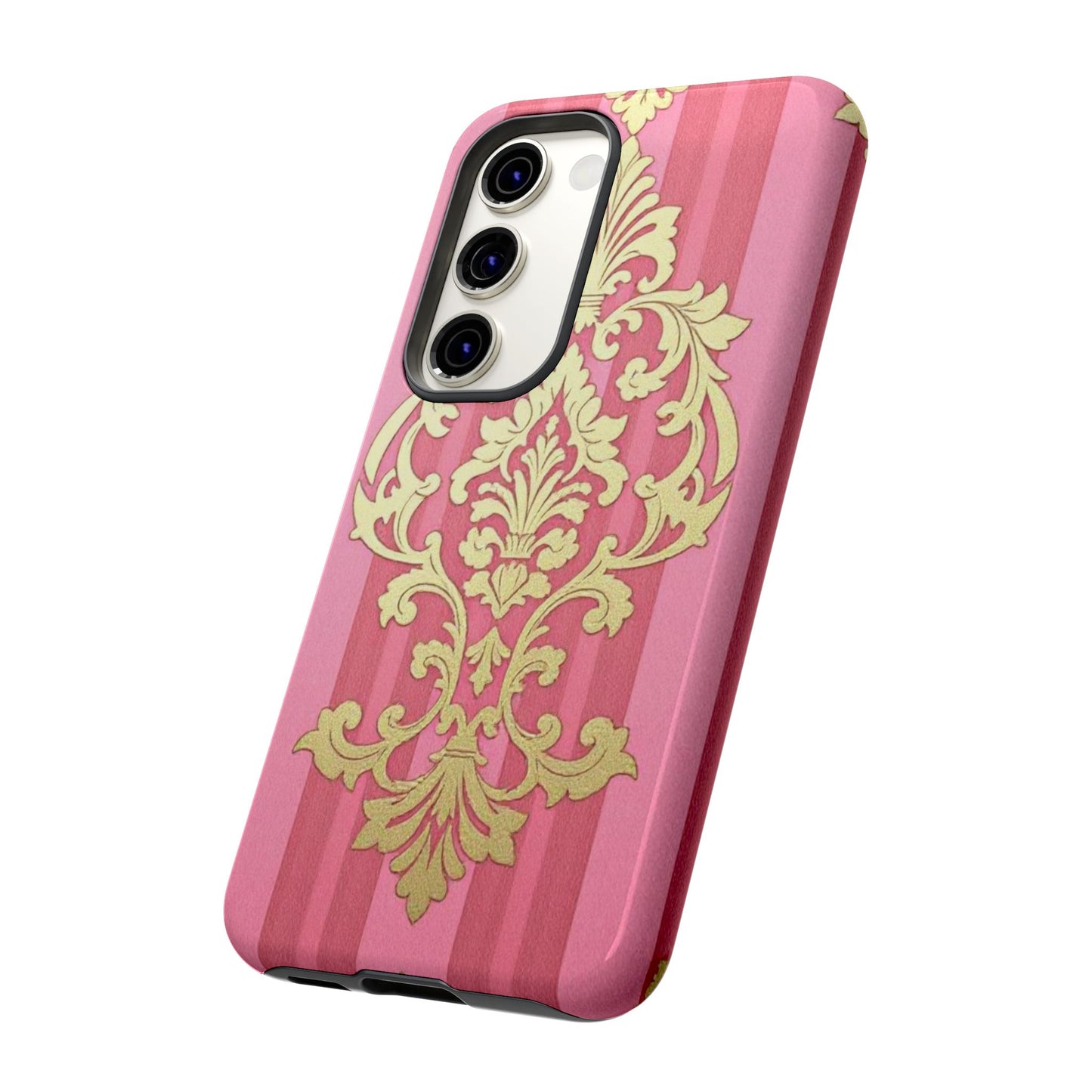 Elegant Floral Motif Phone Case - Tough Cases with Vintage Design - Pink Striped Damask