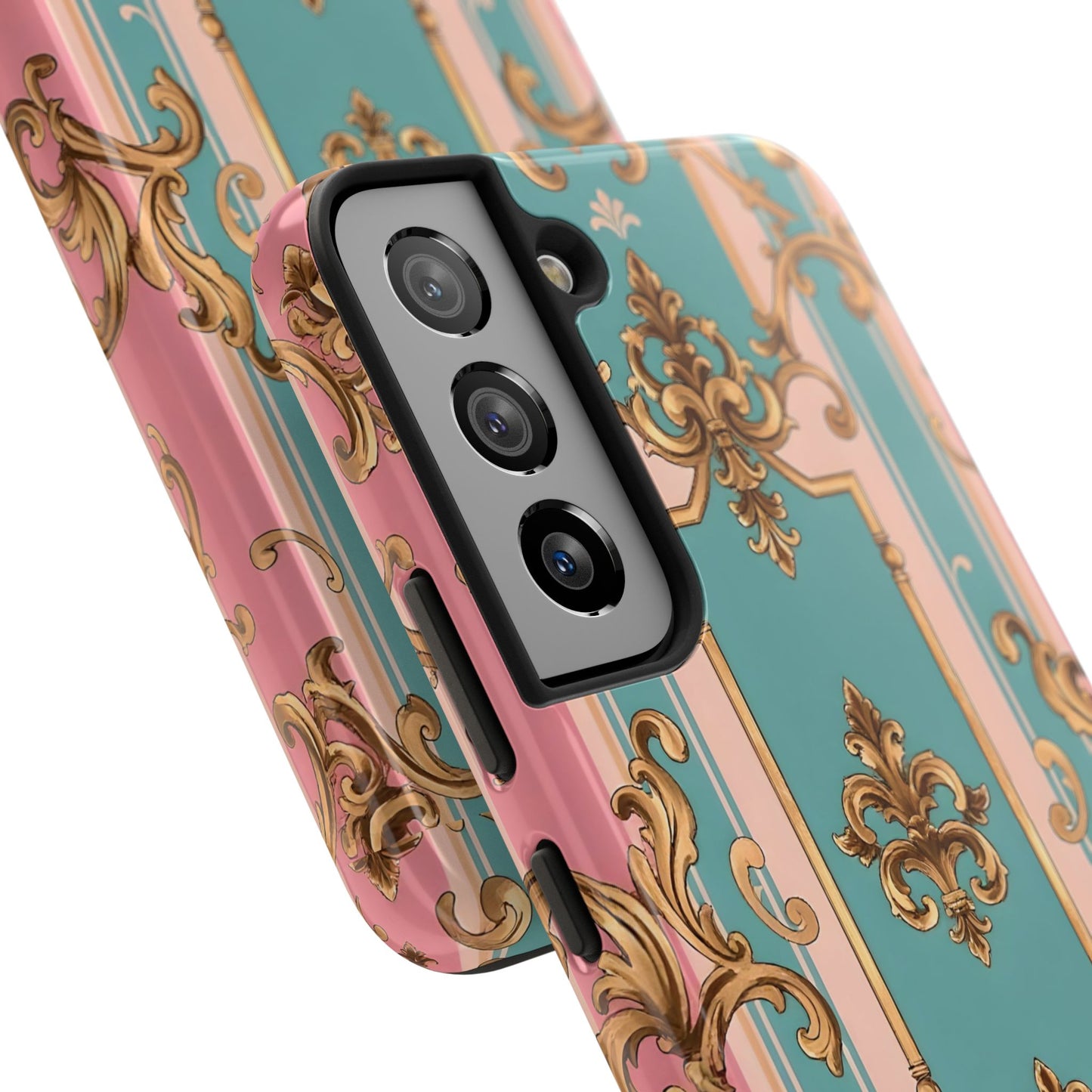 Elegant Floral Tough Phone Case, Artistic Phone Cover, Gift for Her, Chic Phone Accessory - Pink & Matte Turquoise Striped Rococo
