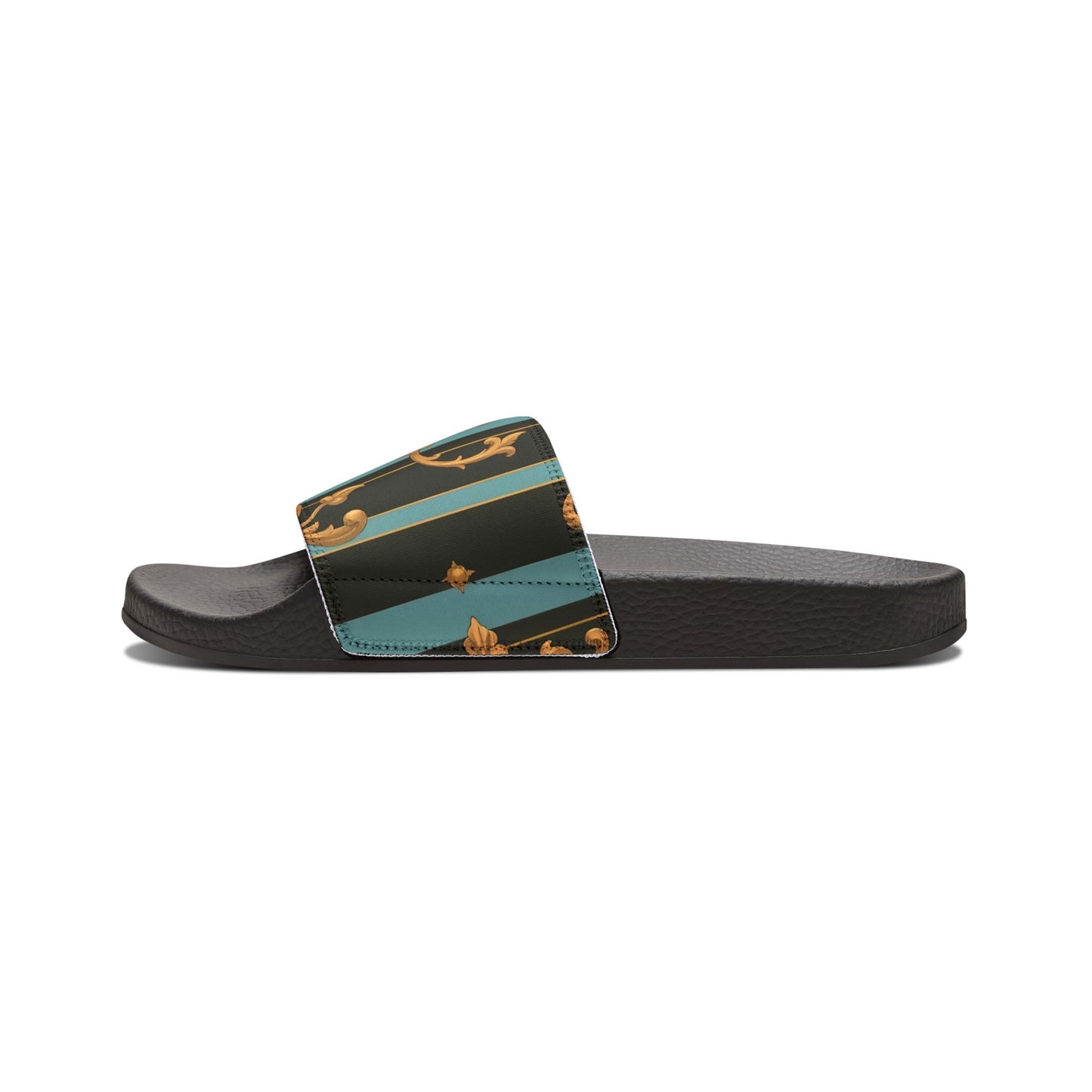 Chic Women's Removable-Strap Sandals - Stylish Summer Footwear, Poolside Essential, Vacation Must-Have - Black & Turquoise Striped Baroque