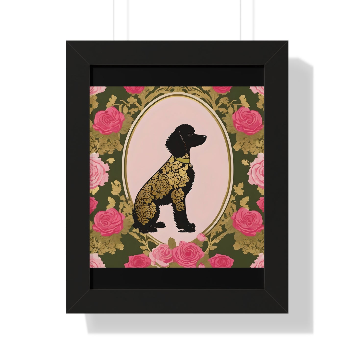 Vertical Poster - Stylish Framed - Art for Home Decor - Damask Black & Gold Poodle in Olive & Pink Roses