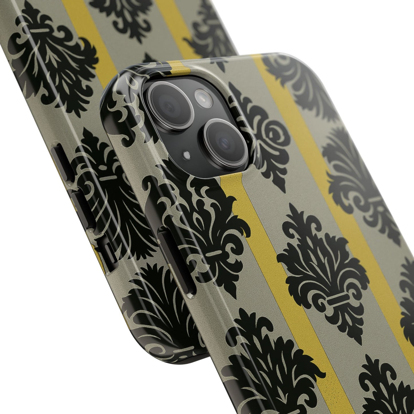 Elegant Baroque Tough Phone Cases | Chic Phone Protection | Gift for Her | Stylish Accessory | Holiday Gift Idea | Silver & Gold Striped Black Baroque