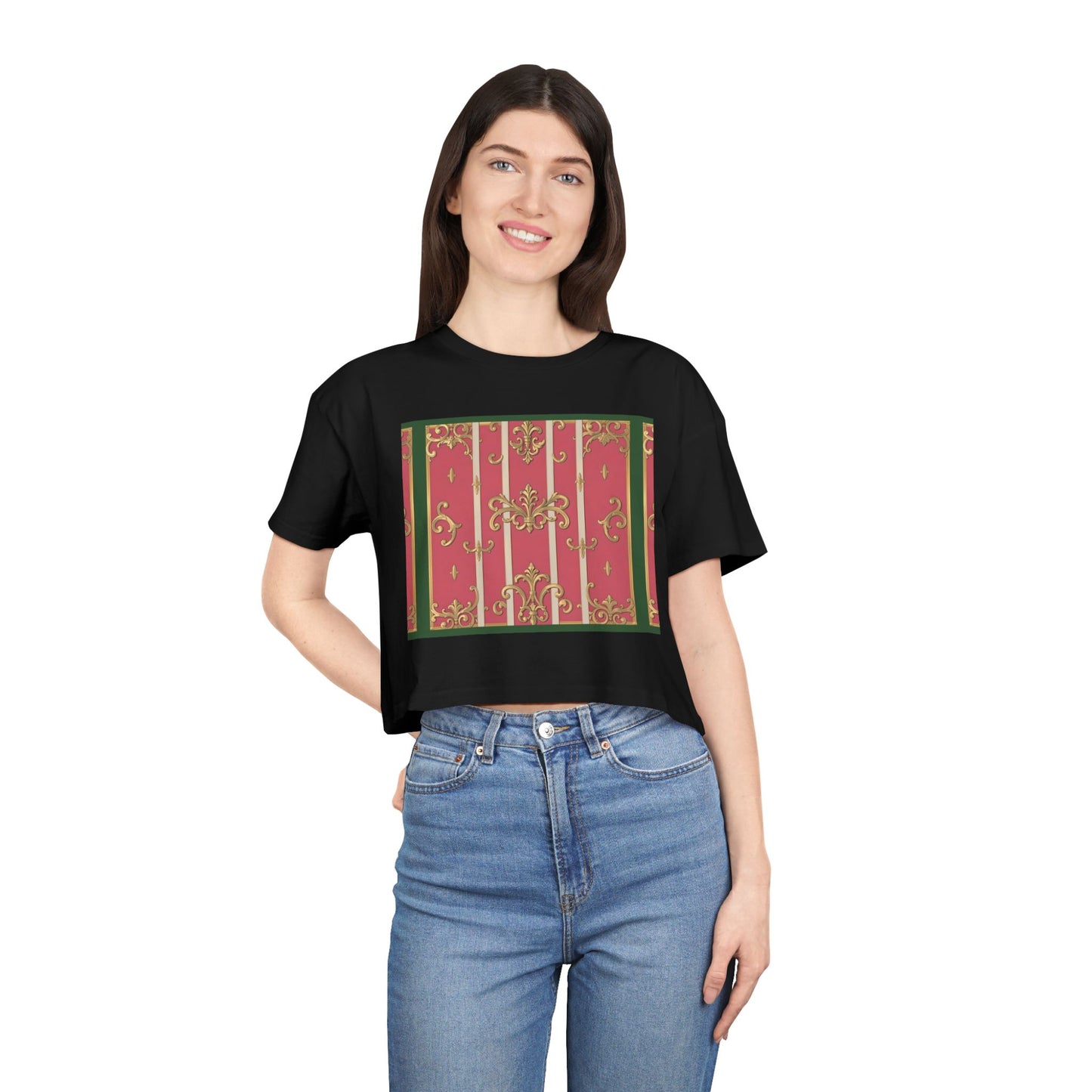 Chic Green Border Pink Striped Baroque Women's Crop Tee - Vintage Style Shirt for Casual Outings, Holidays, Gift Ideas, Spring Fashion, Trendy Top