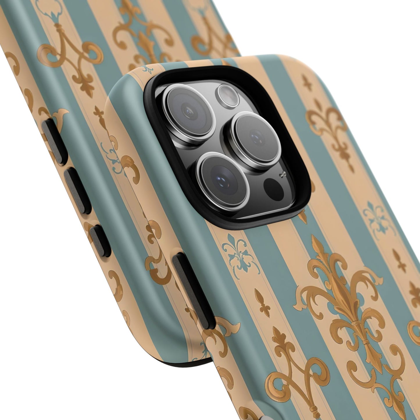 Elegant Floral Motif Phone Case - Tough Cases with Vintage Design -  Beige & Sky Blue Striped Gold Damask