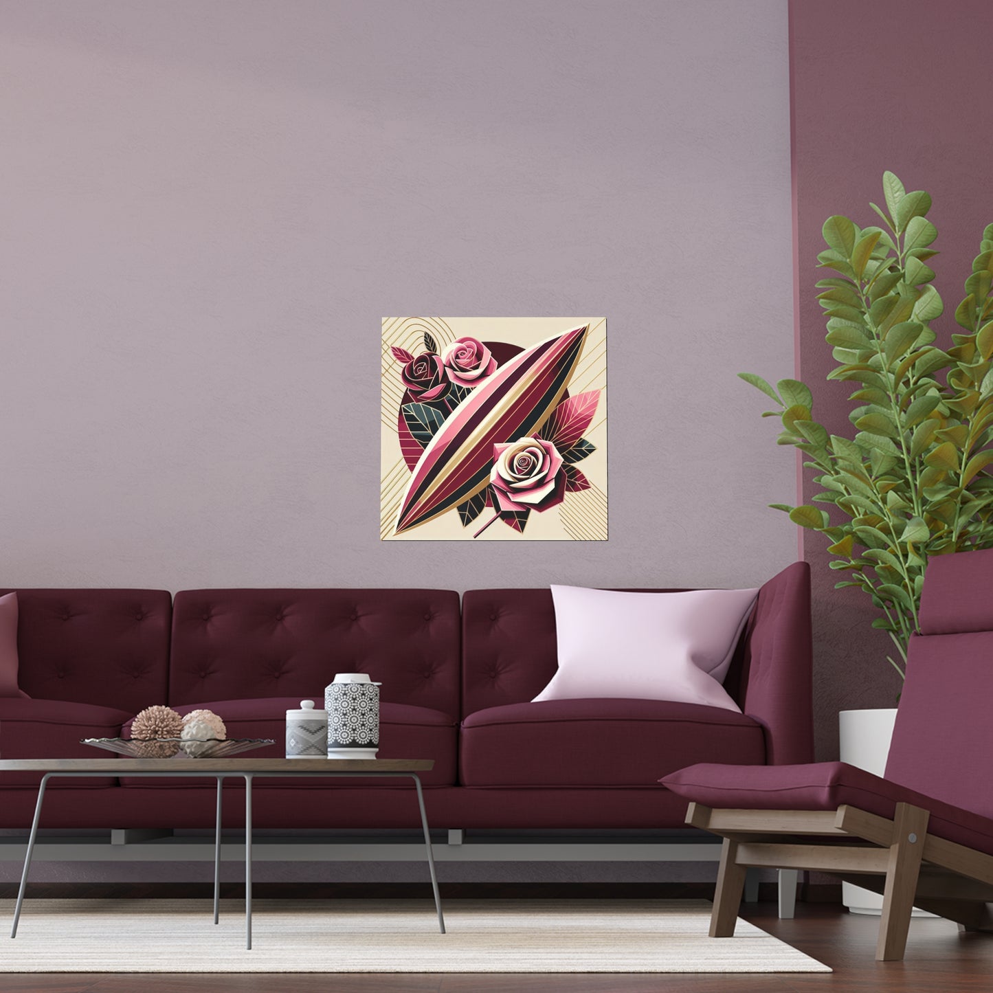 Elegant Floral Silk Poster - Indoor/Outdoor Wall Art for Home Decor - Pink & Burgundy Striped Surfboard & Roses
