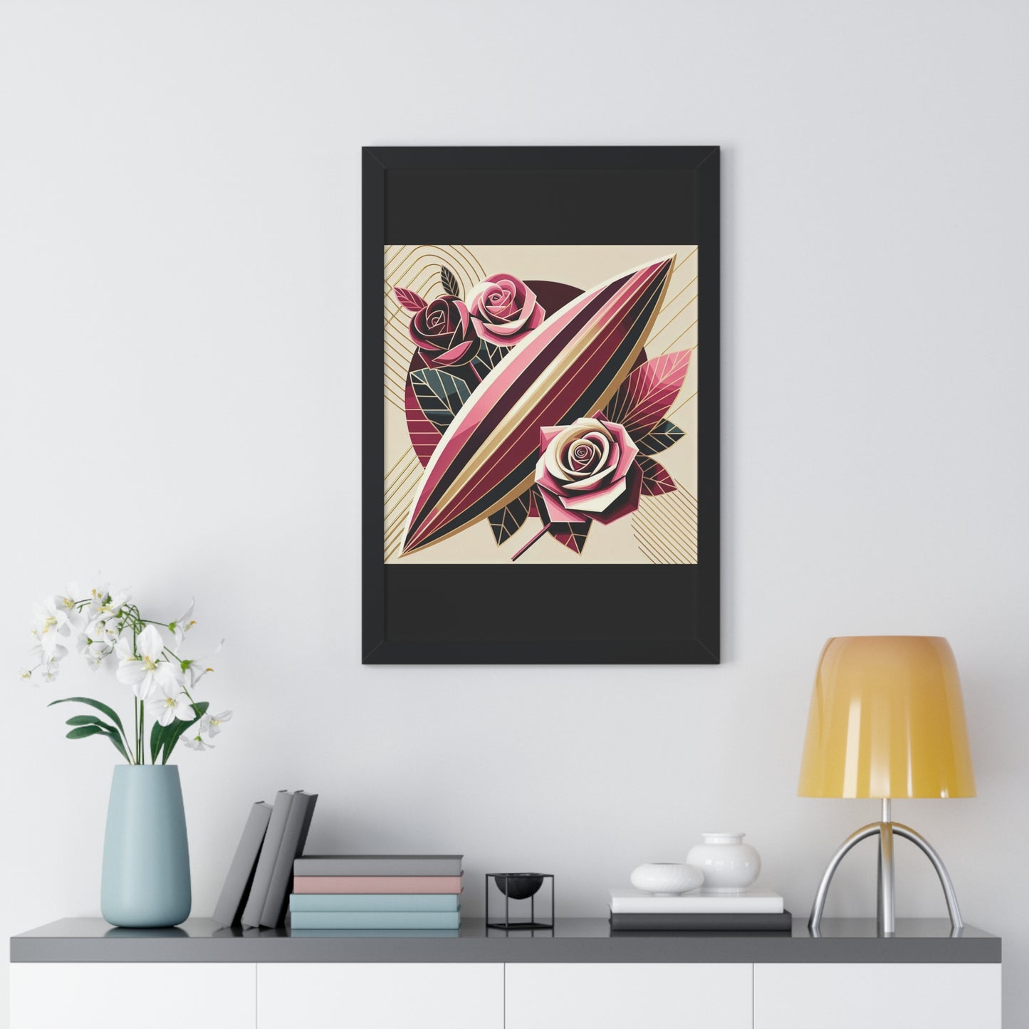 Vertical Poster - Pink & Burgundy Striped Surfboard & Roses Wall Art
