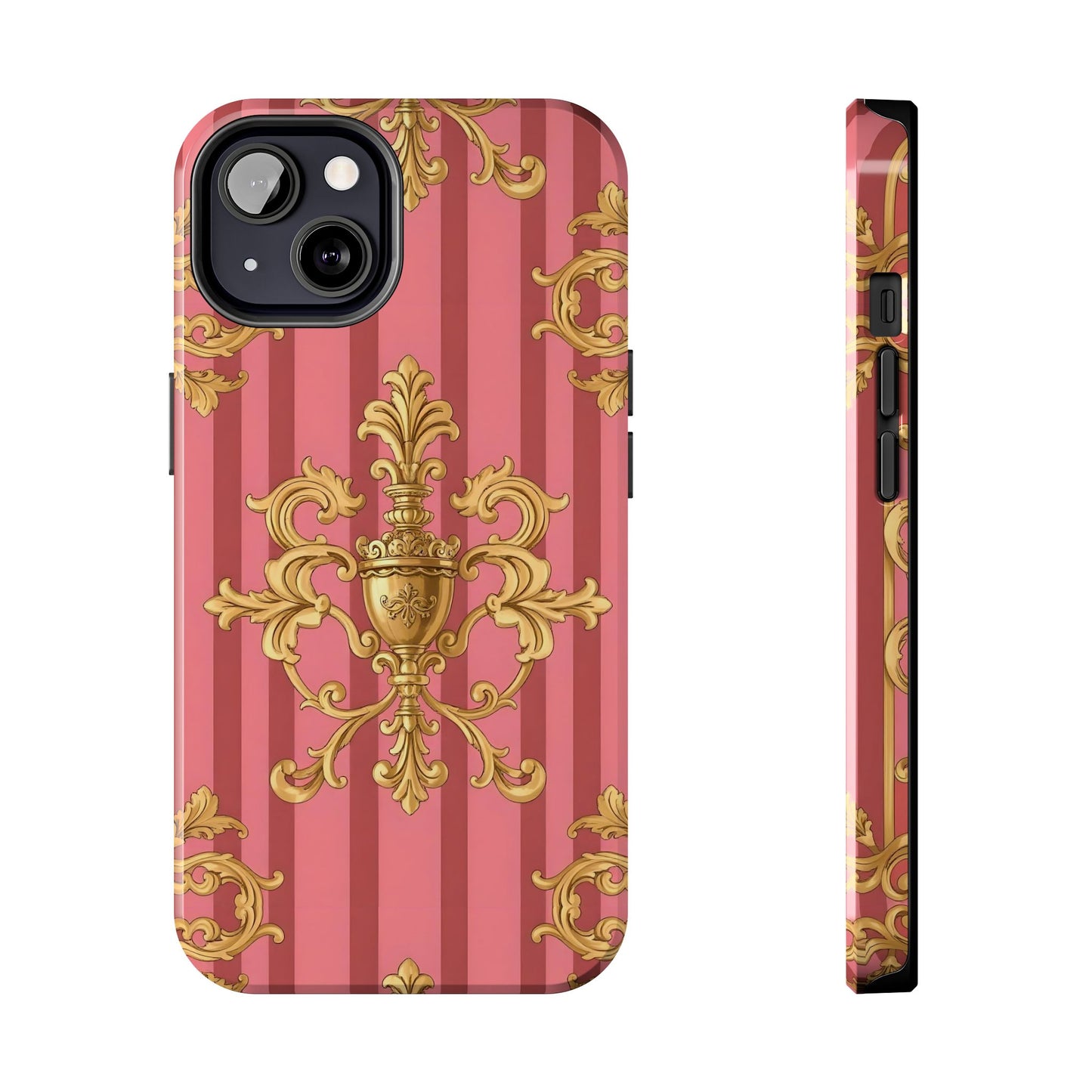 Elegant Baroque Tough Phone Cases, Durable Phone Cover, Stylish Accessory, Gift for Any Occasion - Pink Striped Gold Baroque