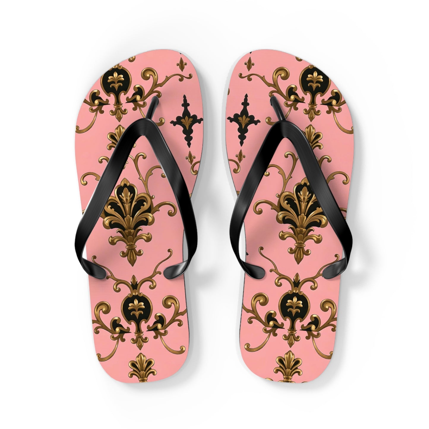 Stylish Flip Flops with Elegant Pink Design, Summer Footwear, Beach Sandals, Vacation Essentials - Pink, Black & Gold Rococo