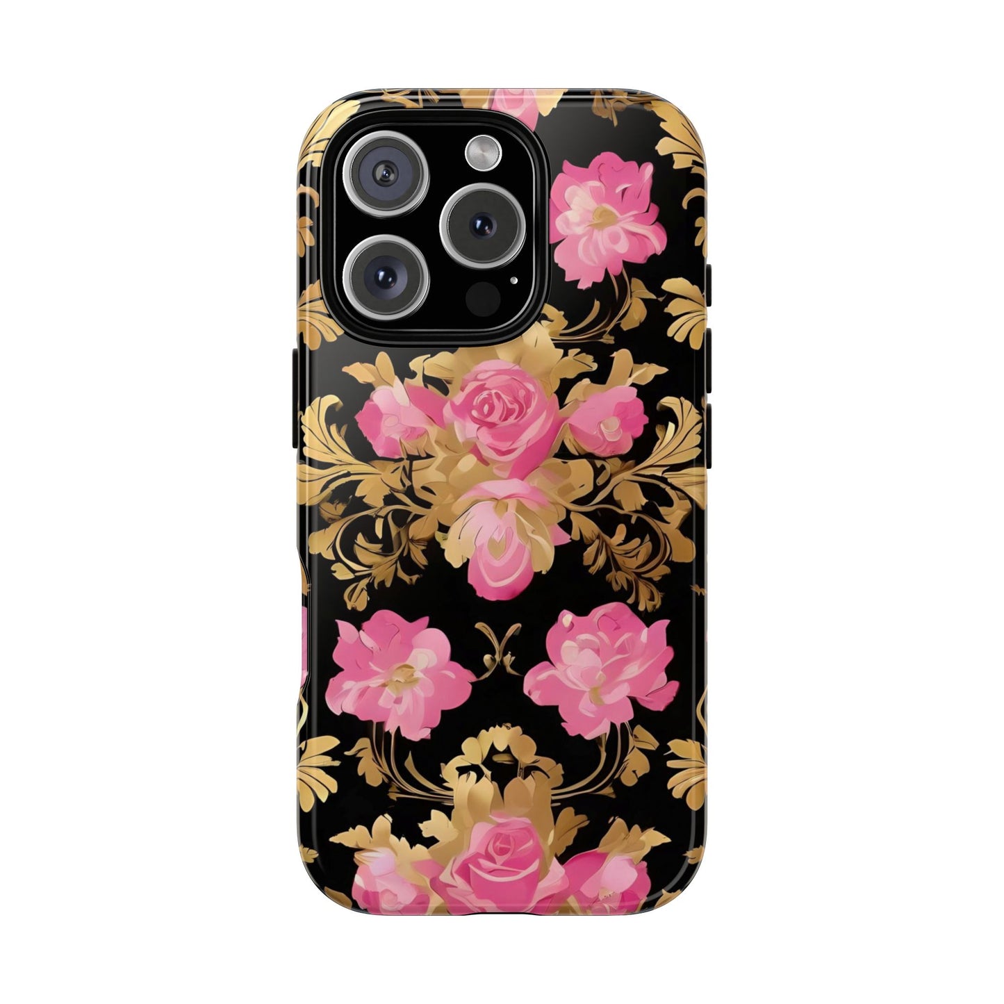 Elegant Floral Motif Phone Case - Tough Cases with Vintage Design - Pink & Gold Roses