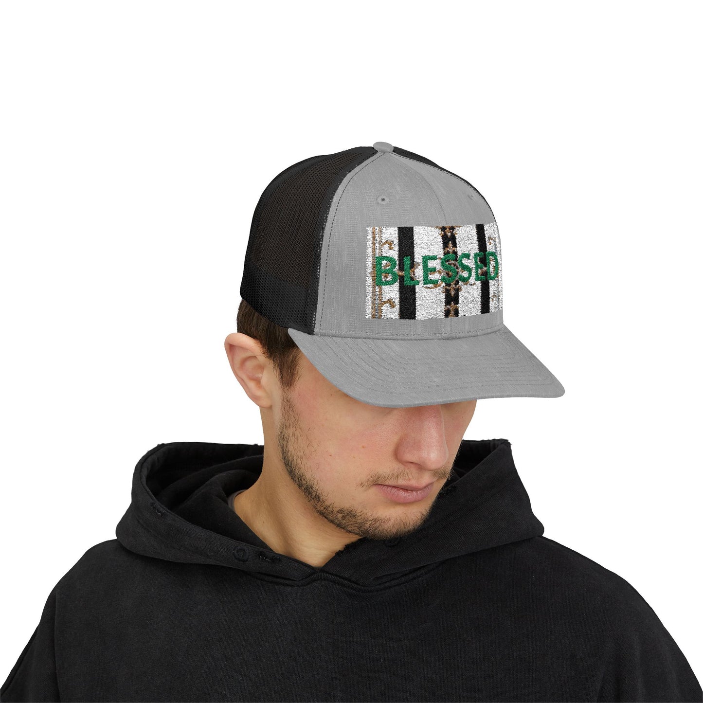Blessed Snapback Trucker Cap | Casual Style, Outdoor Gear, Faith-Based Gift, Adjustable Hat, Everyday Fashion - Black & White Striped Gold Baroque