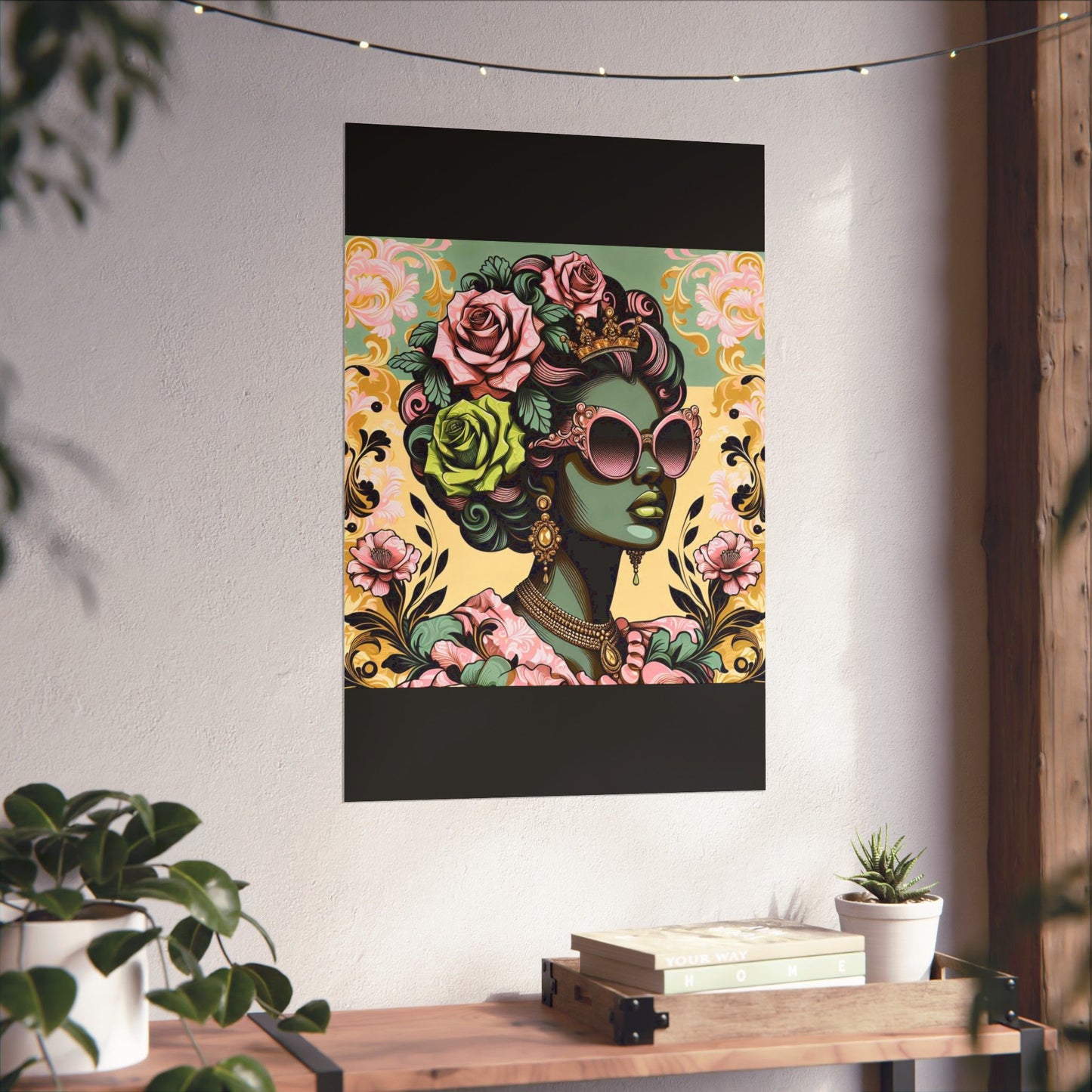 Floral Afro Art Poster - Elegant Matte Vertical Wall Decor - Mint Green Lady With Damask & Roses