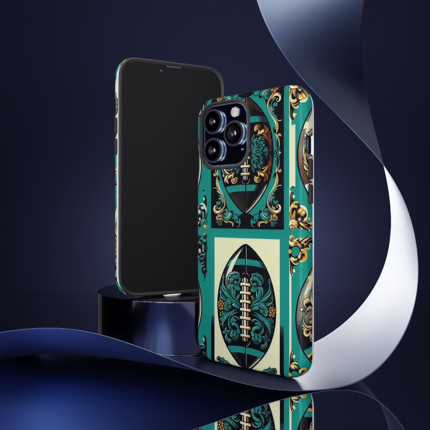 Elegant Floral Motif Phone Case - Tough Cases with Vintage Design -  Damask Teal, Gold & Black Footballs
