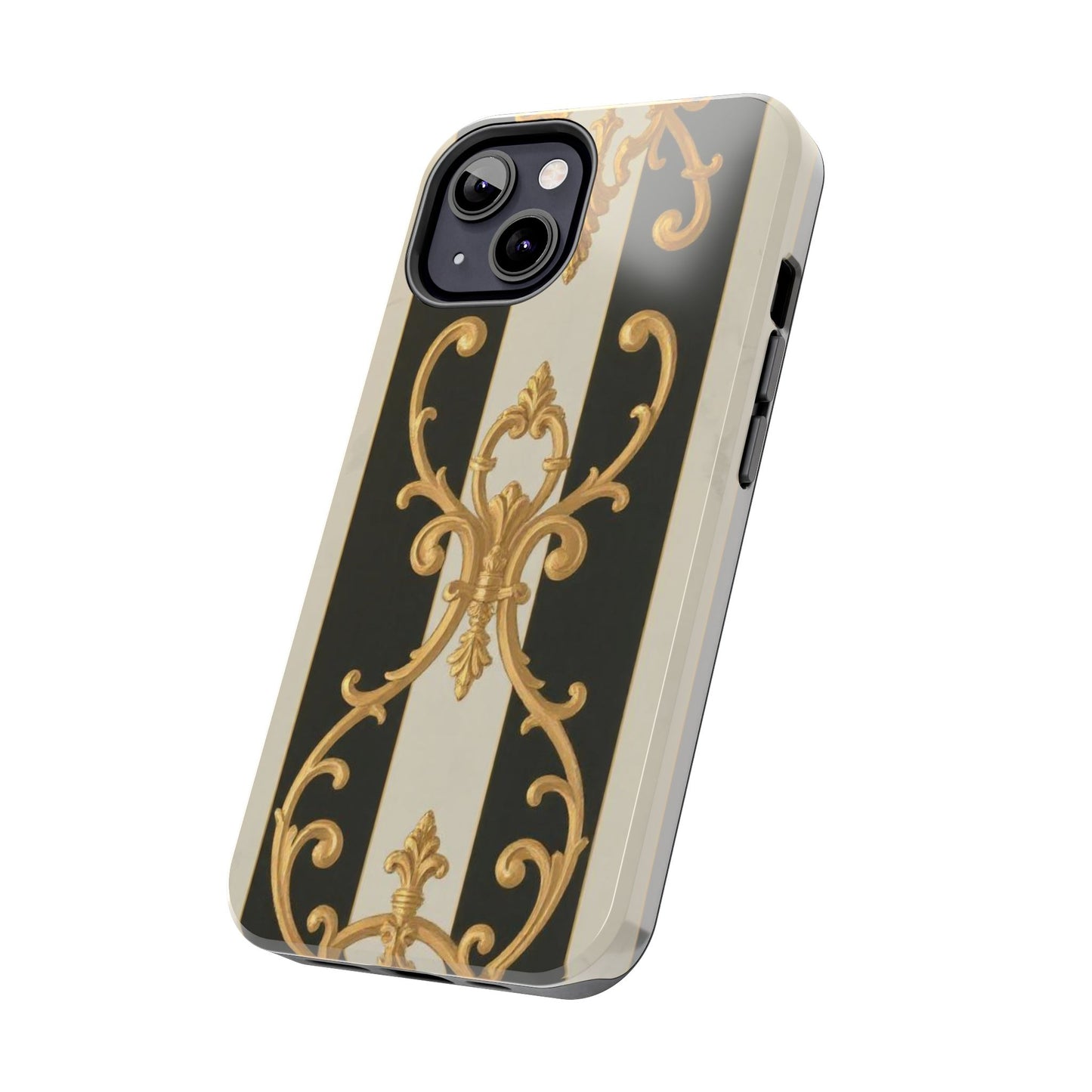 Elegant Black & Alabaster Striped Baroque Tough Phone Cases - Chic Protection, Black Gold Decor, Stylish Accessory, Gift for Her, Trendy Tech