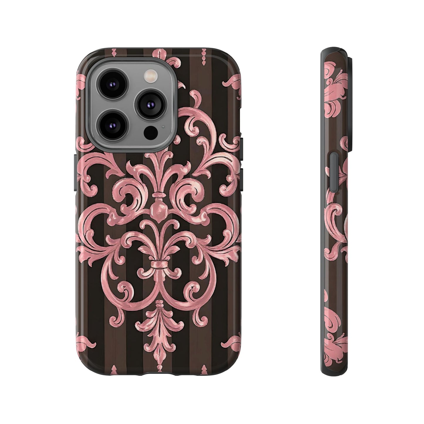 Elegant Floral Motif Phone Case - Tough Cases with Vintage Design - Brown Striped Mauve Damask