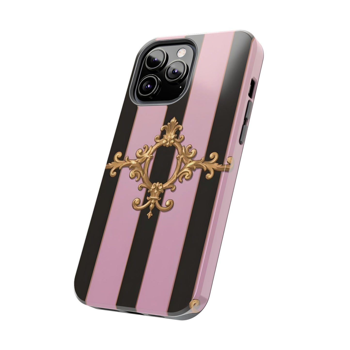 Stylish Tough Phone Case for Elegant Protection, Fashionable Accessories, Smartphone Cover - Matte Lavender & Black Striped Gold Baroque