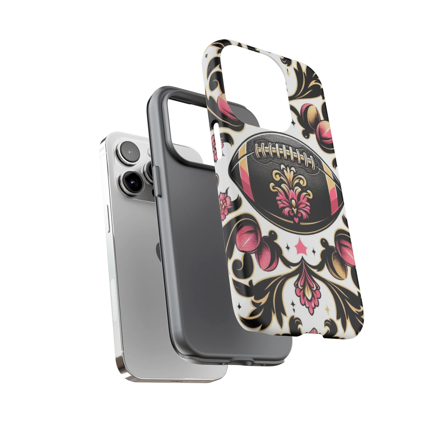 Elegant Floral Motif Phone Case - Tough Cases with Vintage Design - Damask White, Pink Gold & Black Football