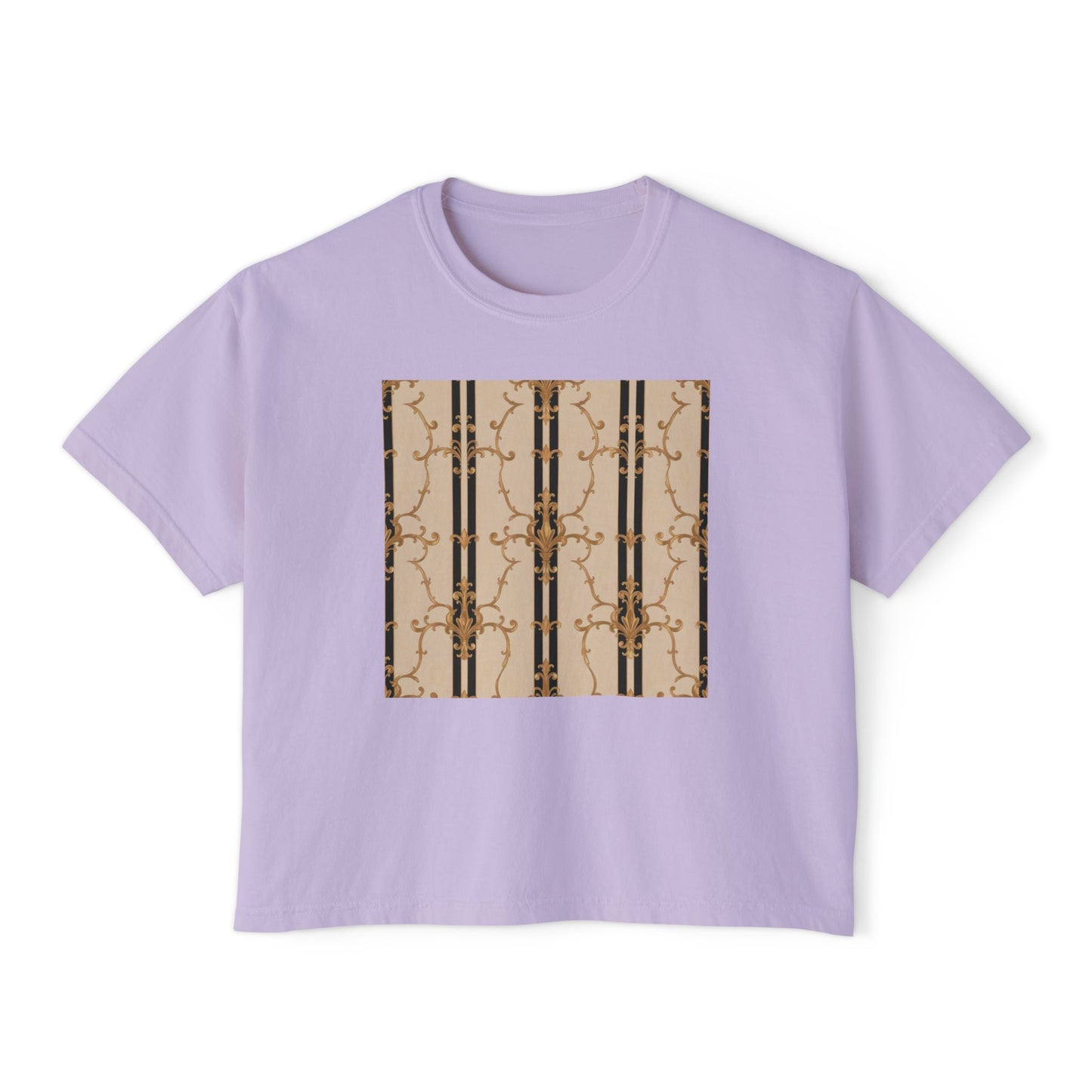 Chic Women's Boxy Tee with Abstract Design, Casual Top, Fashion Tee, Everyday Wear, Stylish Gift for Her - Black & Beige Striped Damask