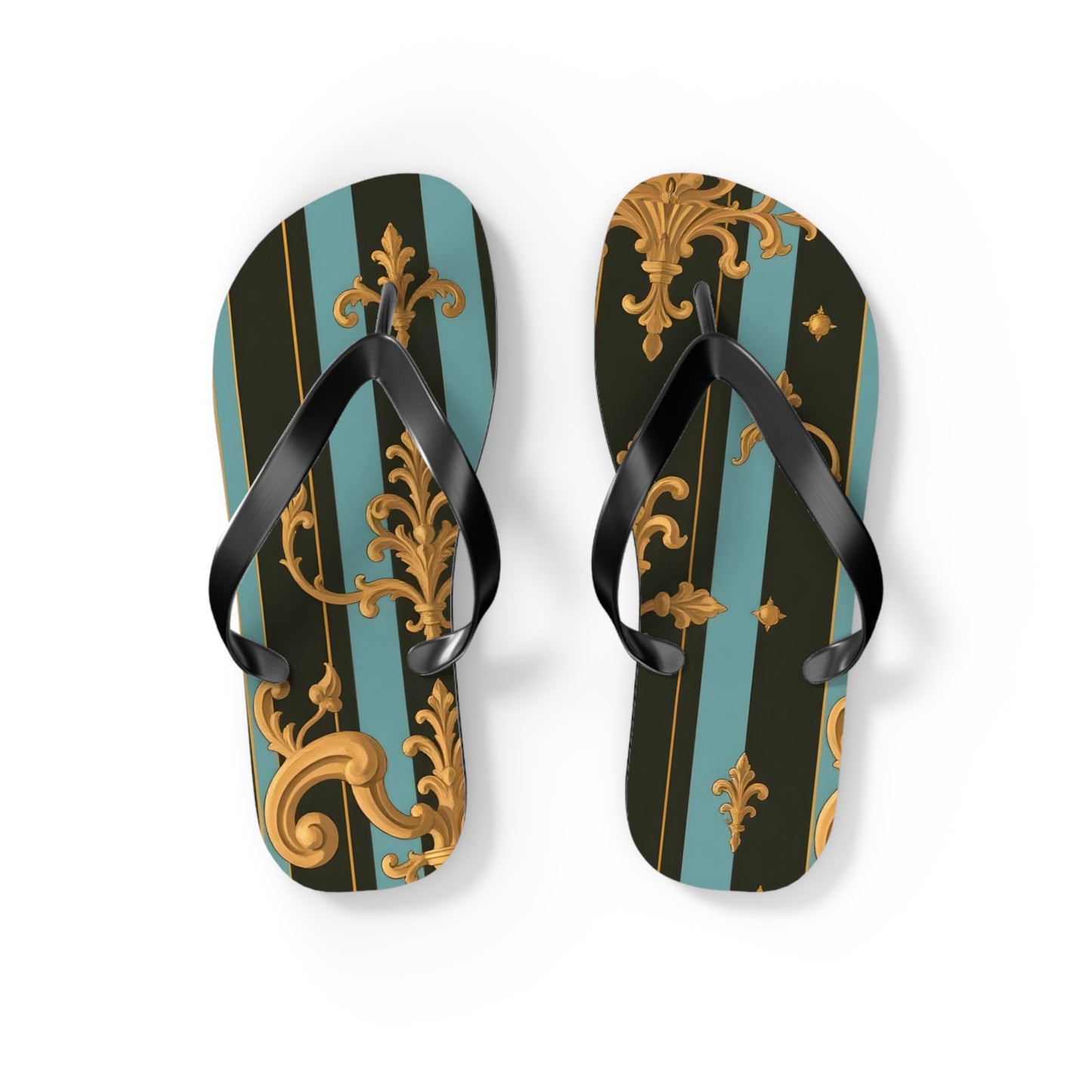 Elegant Striped Flip Flops, Stylish Beach Sandals, Summer Footwear, Vacation Essentials - Black & Turquoise Striped Baroque
