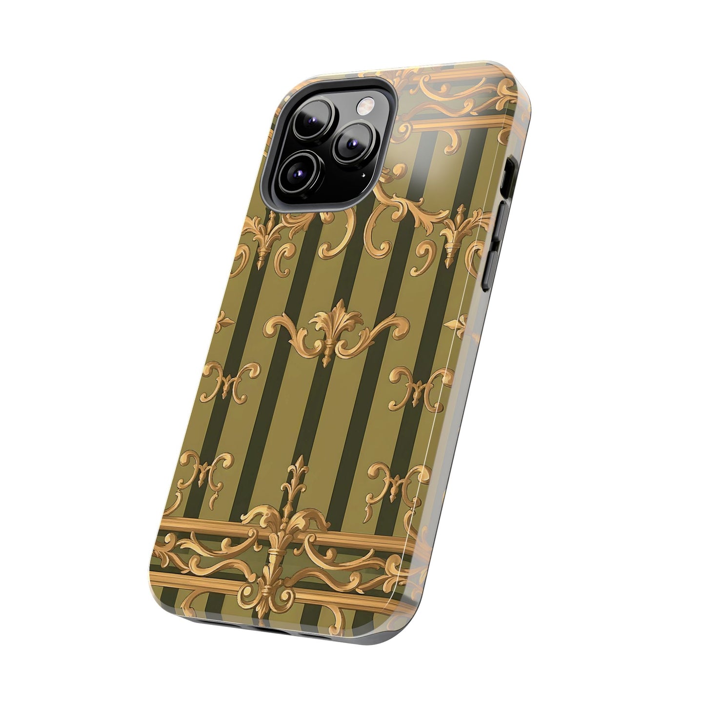 Elegant Vintage Phone Case - Tough Protection with Classy Design, Stylish Phone Cover for Fashion Lovers - Olive Green Striped Rococo