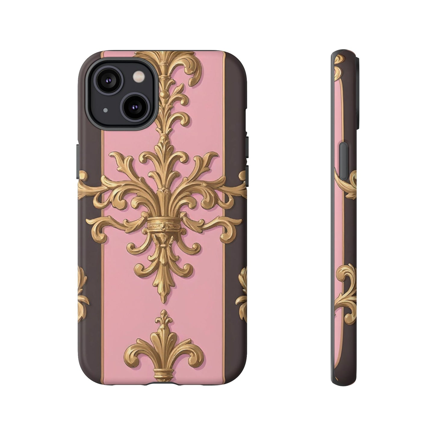 Elegant Floral Motif Phone Case - Tough Cases with Vintage Design - Pink & Brown Striped Gold Damask