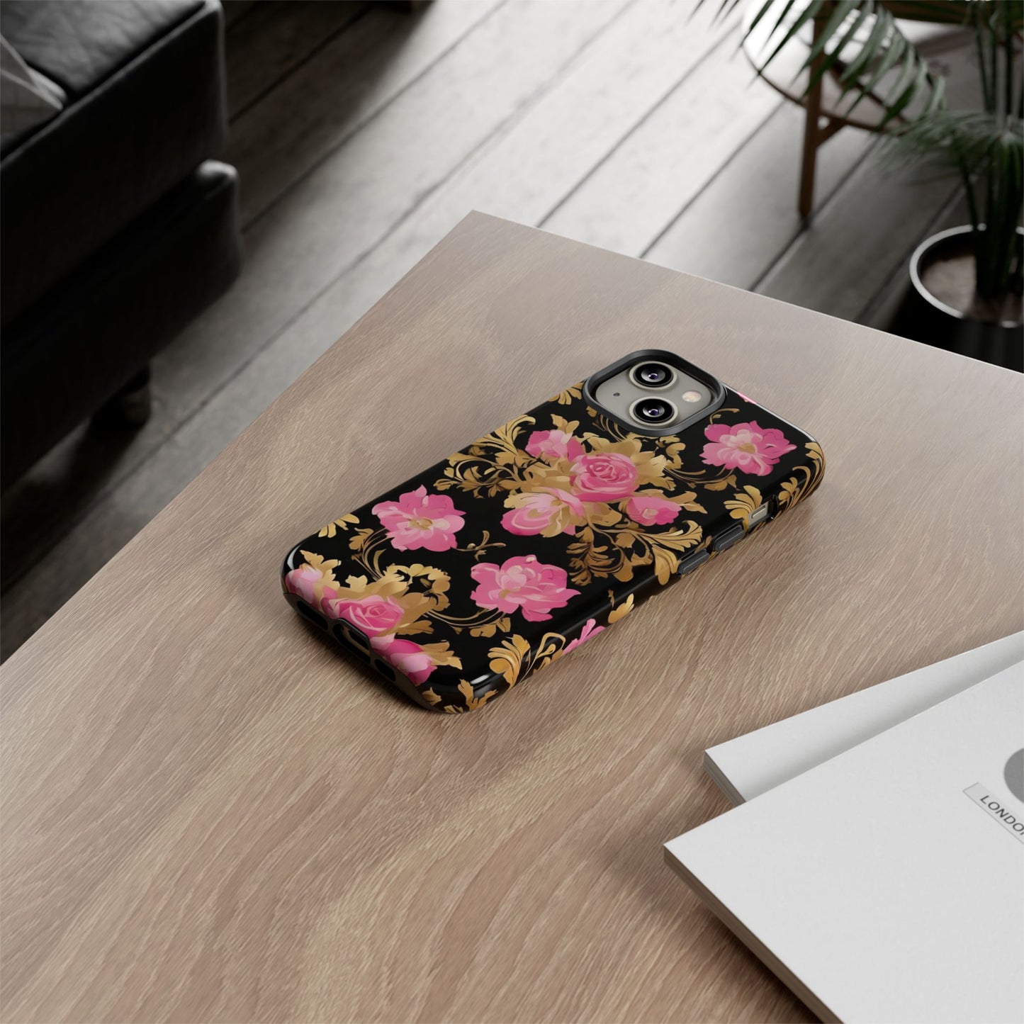 Elegant Floral Motif Phone Case - Tough Cases with Vintage Design - Pink & Gold Roses