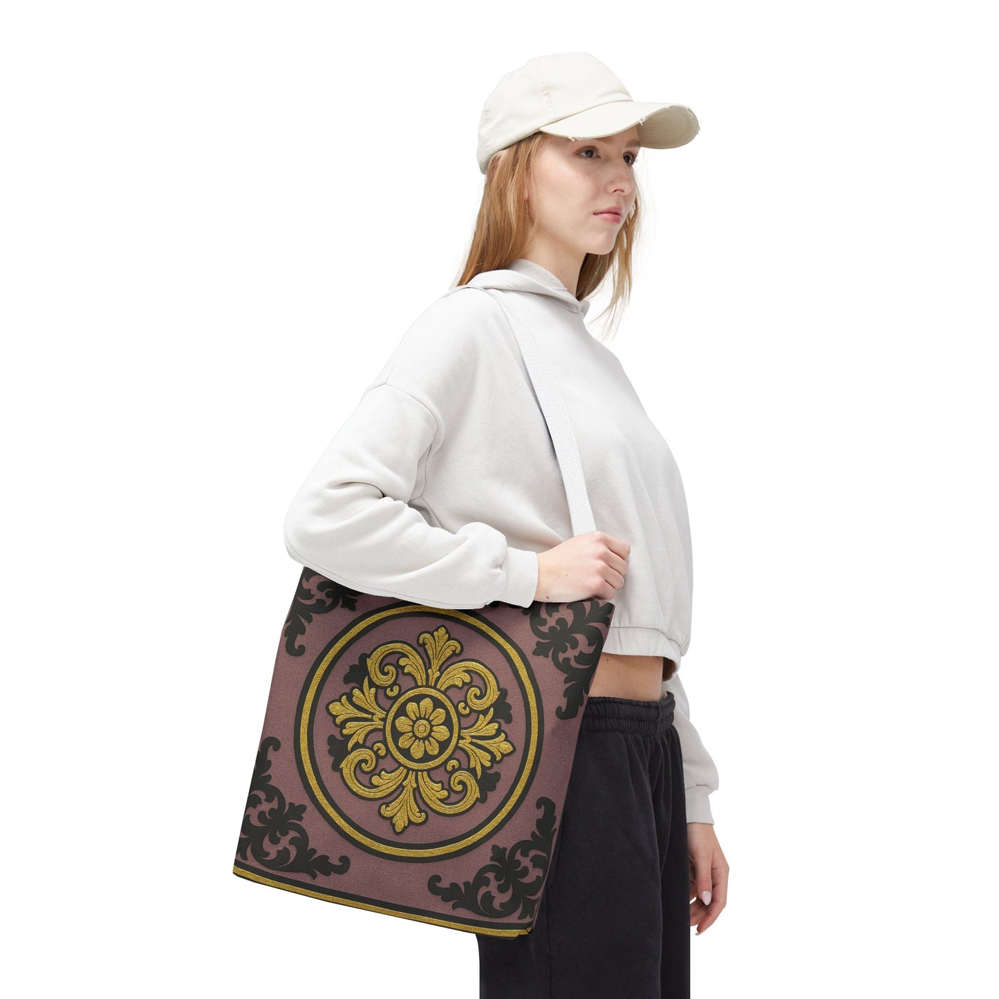 Elegant Gilded Mauve With Gold-Black Baroque Print Tote Bag, Reusable Shopping Tote, Gift for Her, Weekend Bag, Eco-Friendly Handbag