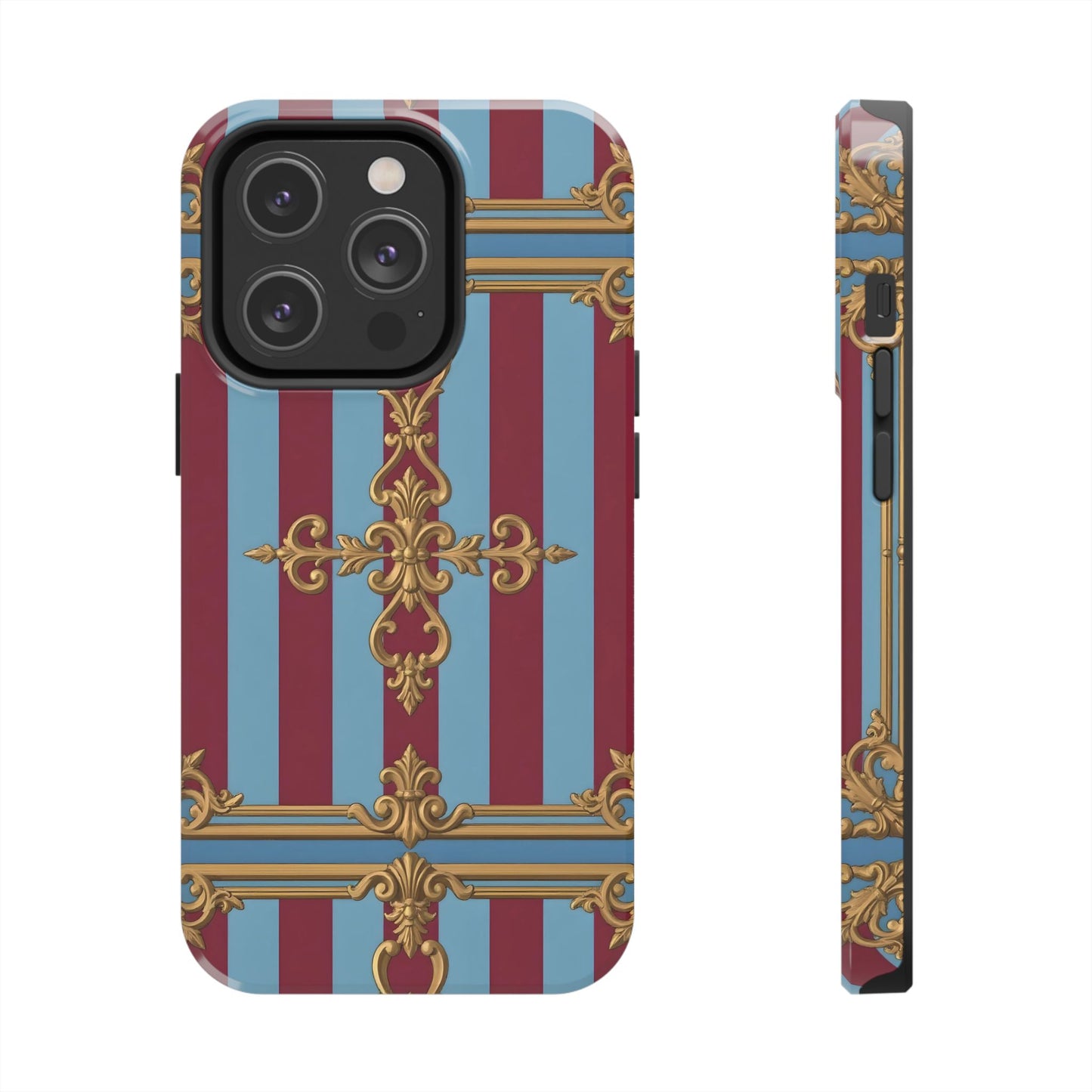 Elegant Patterned Tough Phone Cases, Stylish Phone Cover, Durable Phone Protection, Unique Gift Idea - Sky Blue & Maroon Striped Baroque