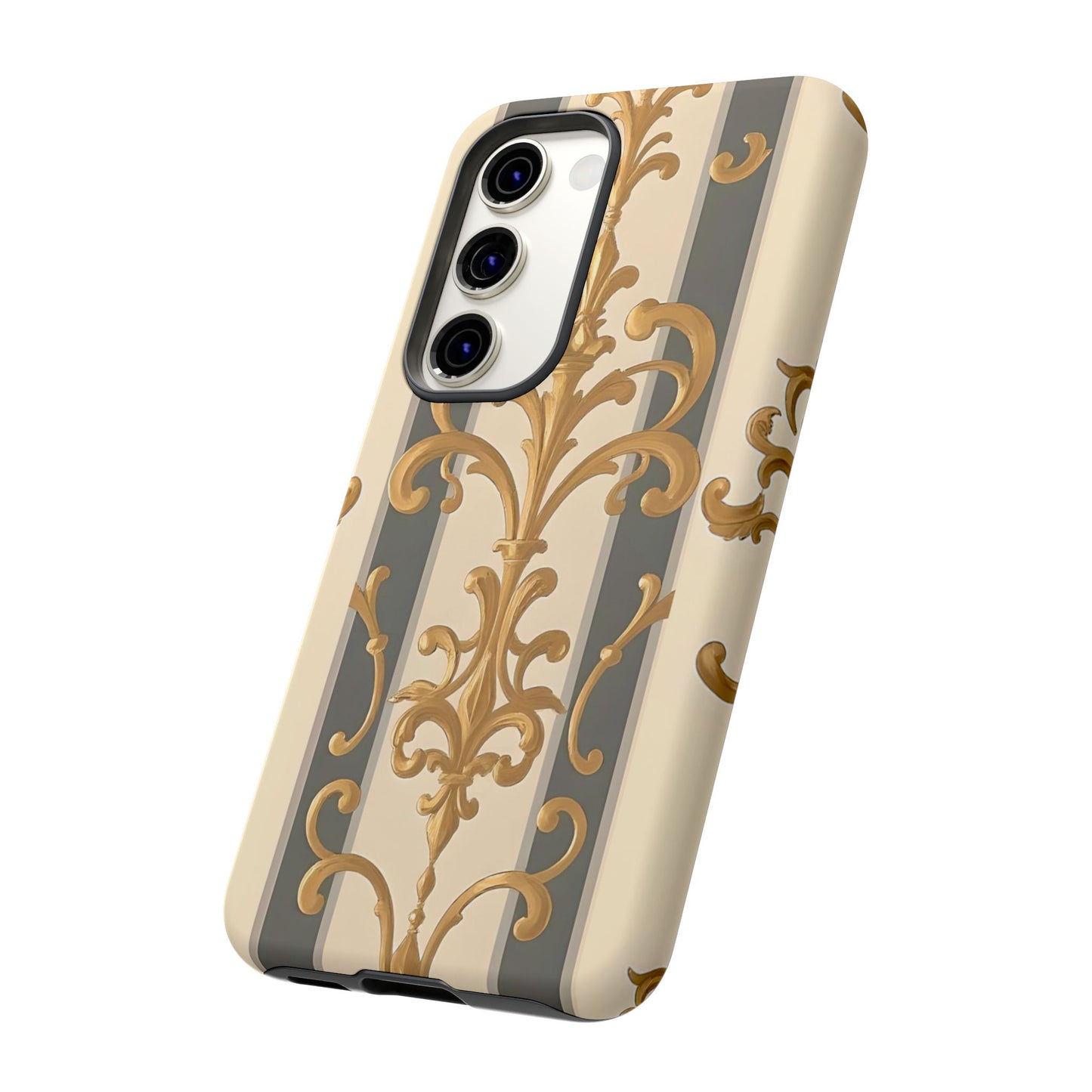 Elegant Floral Motif Phone Case - Tough Cases with Vintage Design - Dusk Olive Striped Gold Damask