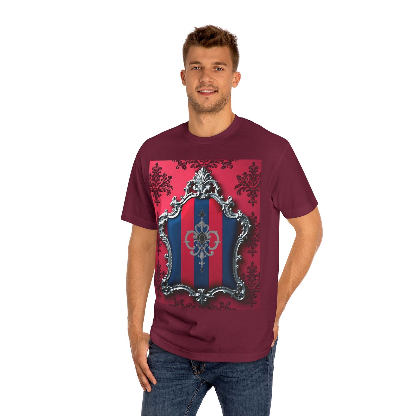 Vintage Couture Shield Unisex Classic Tee, Fashion T-Shirt, Gift for Fashion Lovers, Casual Wear, Unique Graphic Shirt - Blue & Red Striped Silver Crest