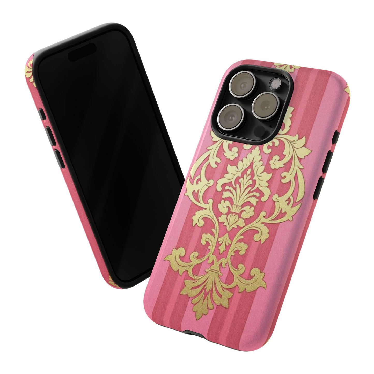 Elegant Floral Motif Phone Case - Tough Cases with Vintage Design - Pink Striped Damask