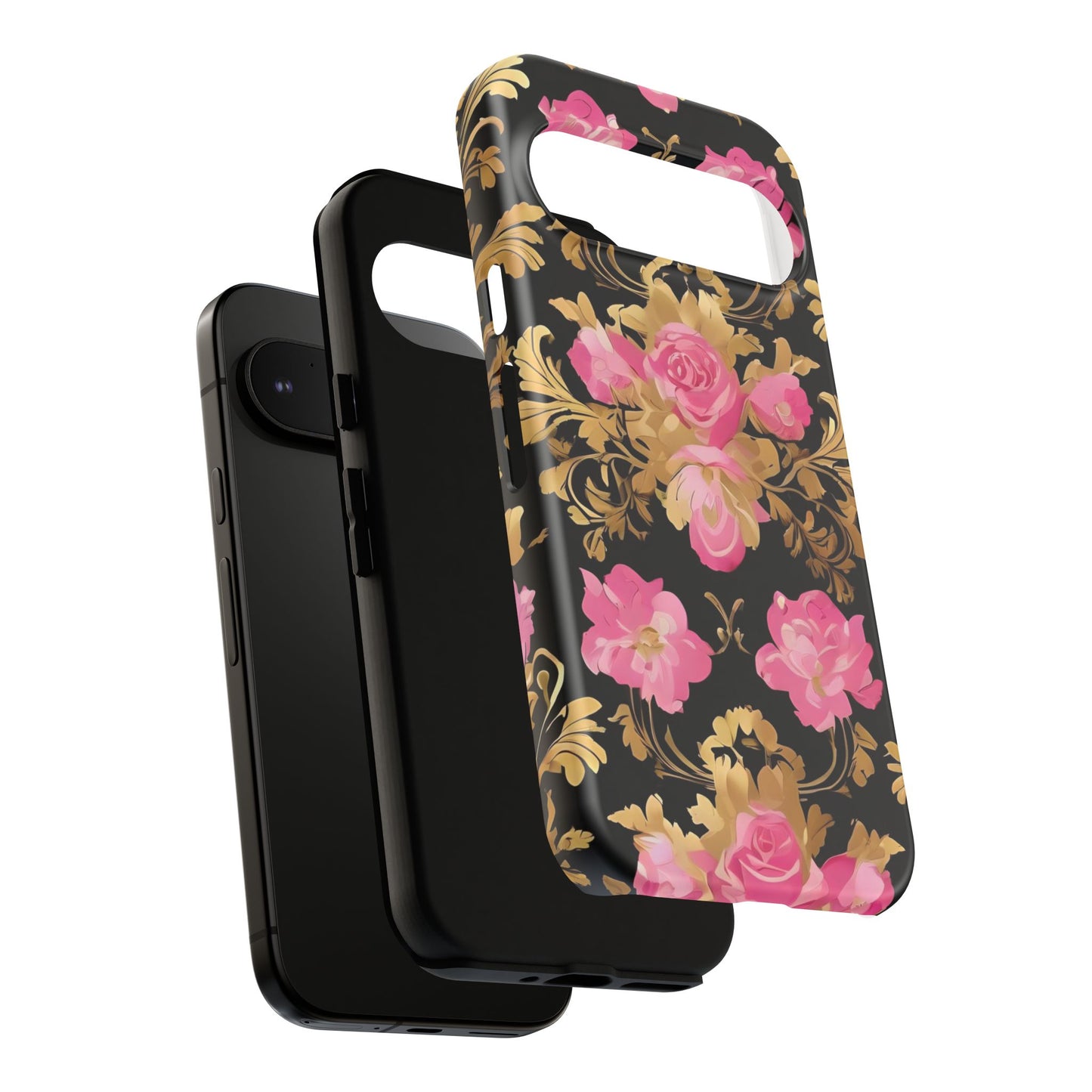 Elegant Floral Motif Phone Case - Tough Cases with Vintage Design - Pink & Gold Roses
