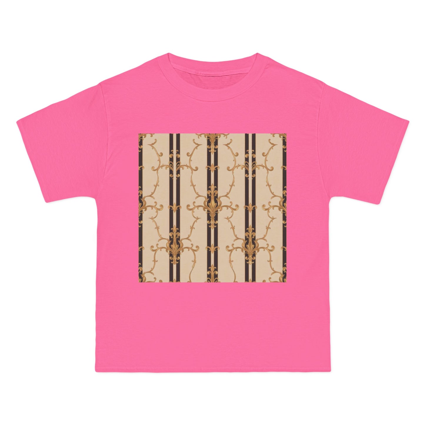 Stylish Graphic Tee for Casual Wear, Fashionable Short-Sleeve Shirt, Unique Summer Top - Black & Beige Striped Damask