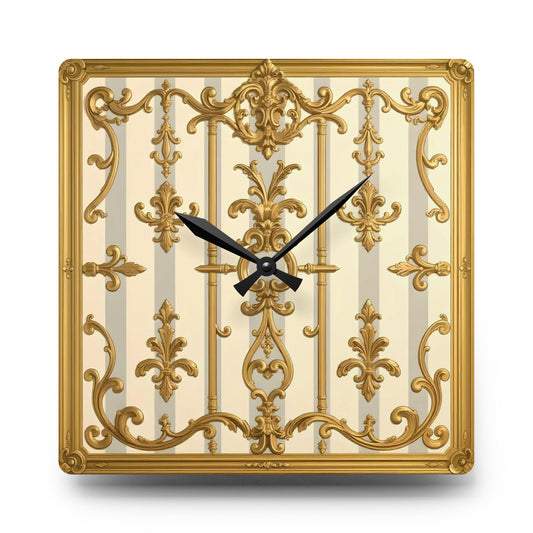 Elegant Acrylic Wall Clock - Vintage Gold Design, Home Decor, Wall Art, Gift for Her, Timeless Accent Piece - Matte Gray & Cream Striped Gold Baroque