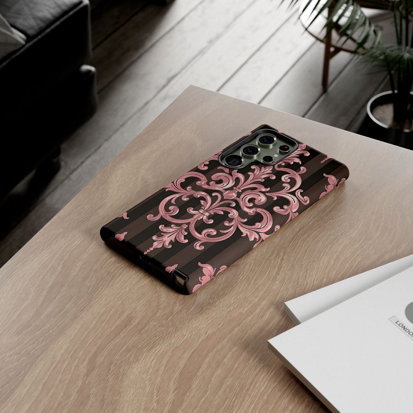 Elegant Floral Motif Phone Case - Tough Cases with Vintage Design - Brown Striped Mauve Damask