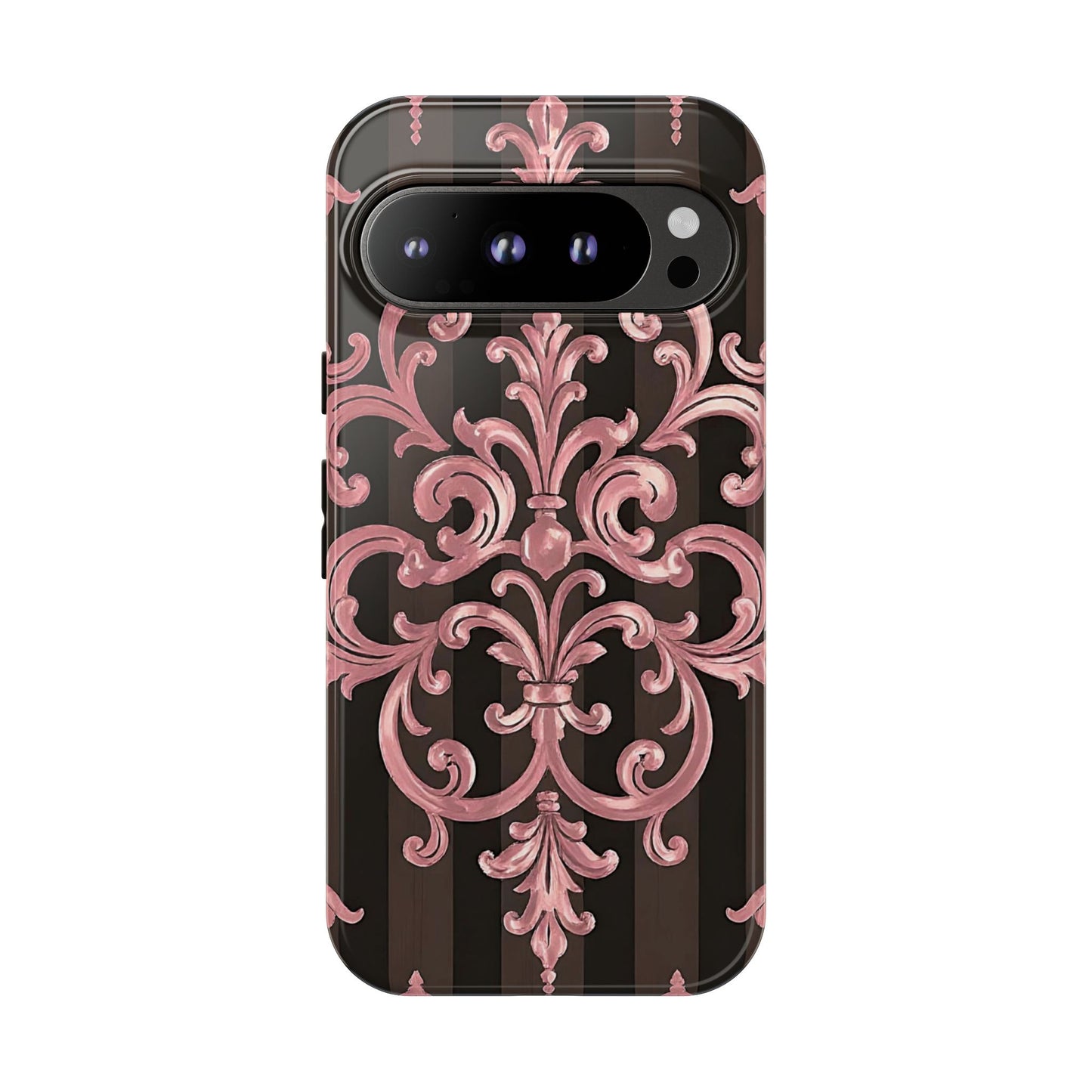 Elegant Floral Motif Phone Case - Tough Cases with Vintage Design - Brown Striped Mauve Damask